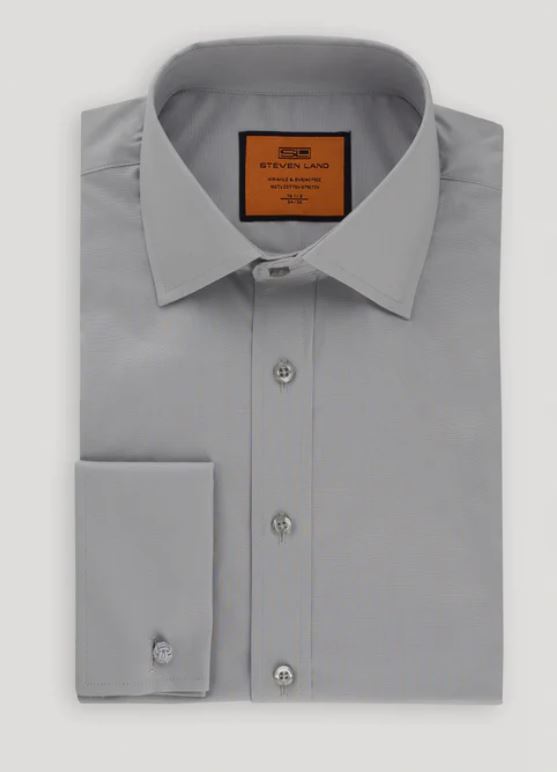 Steven Land Classic Fit Silver Gray Spread Collar French Cuff Cotton Dress Shirt