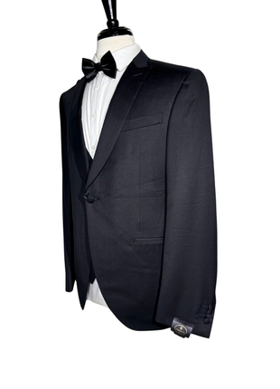 Corneliani Mens Solid Black Fully-Canvassed Peak Lapel Slim Fit 3-Piece Wool Tuxedo - 42R