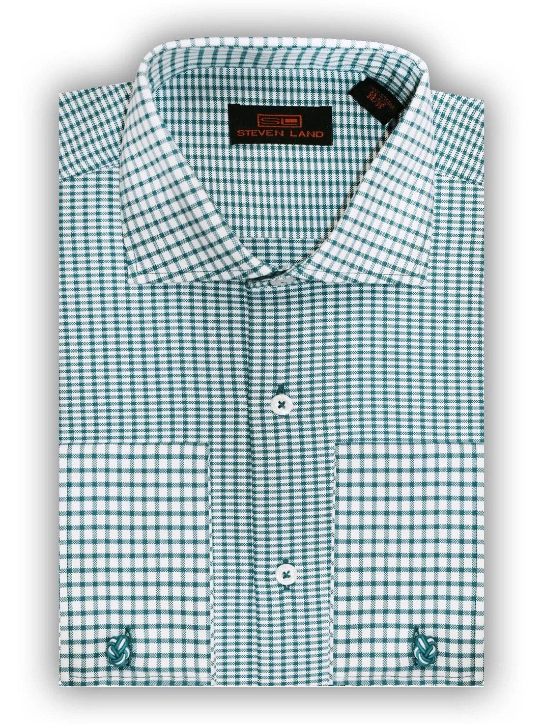 Steven Land Mens Green Check 100% Cotton Spread Collar French Cuff