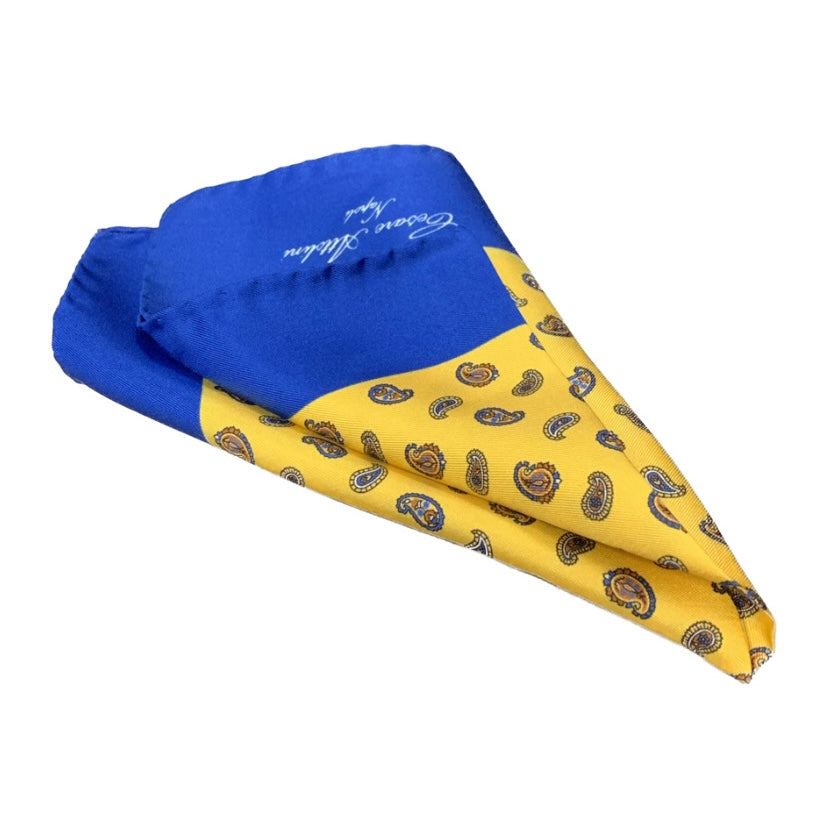 Cesare Attolini Blue and Mustard Paisley Pocket Square Handmade In Italy