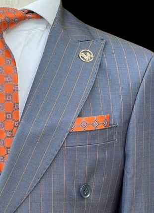 Romaster Mens Navy Blue & Brown Pinstriped Double Breasted Stretch Wool Suit