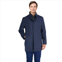 Thumbnail for Label E Mens Navy Blue Check 3/4 Length Wool Blend Overcoat
