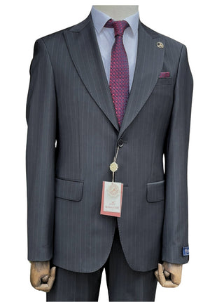 Romaster Men’s Black Pinstripe Slim Fit Peak Lapels Stretch Wool Suit
