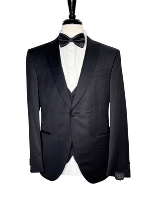 Corneliani Mens Solid Black Fully-Canvassed Peak Lapel Slim Fit 3-Piece Wool Tuxedo - 42R