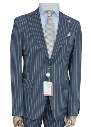 Romaster Men’s Navy Pinstripe Slim Fit Peak Lapels Stretch Wool Blend Suit
