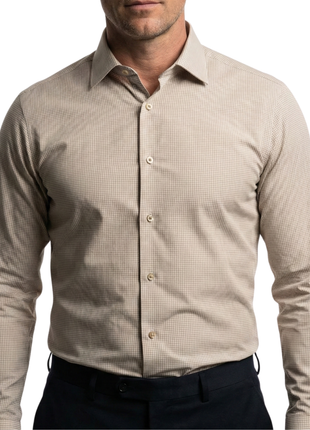 Proper Shirtings Tan Grid Windowpane Contemporary Fit Cotton Spread Collar Wrinkle Free Dress Shirt