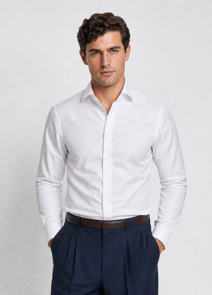 Mens Solid White Extra Slim Fit Spread Collar Non Iron Cotton Dress Shirt