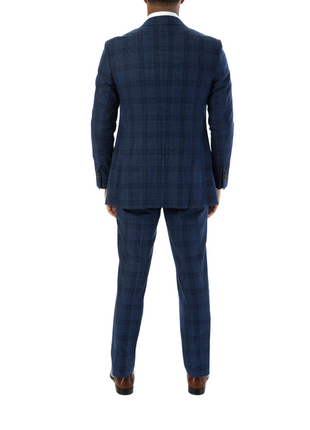 Sartoria Mazara Mens Slim Fit Navy Blue With Burgundy Check 100% Wool Suit With Peak Lapels