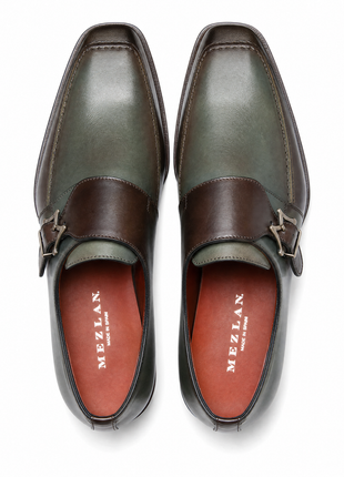 Mezlan Forest Green & Brown Two-Tone Leather Monk Strap Dress Shoes