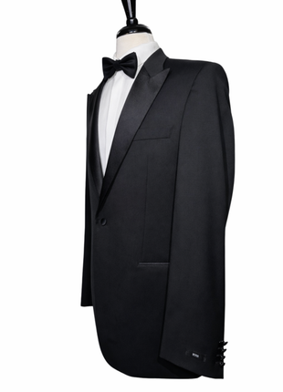 Hugo Boss Solid Black With Satin Peak Lapel Classic Fit Super 100’s Wool 1-Button Tuxedo 44L - The Suit Depot