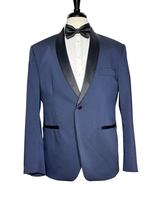FAG Season Mens Navy Blue Jacquard Satin Shawl Lapel Slim Fit Stretch 1-Button Tuxedo - 44R (Altered)