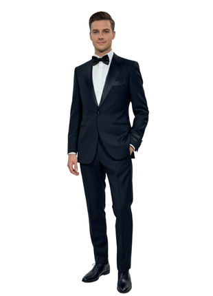 Galvani Collezione Mens Solid Black Satin Peak Lapel Classic Fit 1-Button Wool Tuxedo - 36R