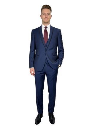 Corneliani Mens Blue With Black Trim Fully-Canvassed Shawl Lapel Slim Fit 3-Piece Wool Mohair Tuxedo - 44R