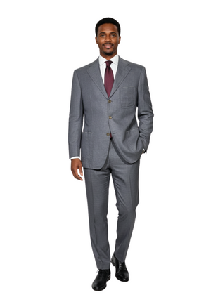 Sartoria Partenopea Mens Gray Micro-Check Notch Lapel Slim Fit 3-Button Wool Cashmere Suit With Patch Pockets - 44R