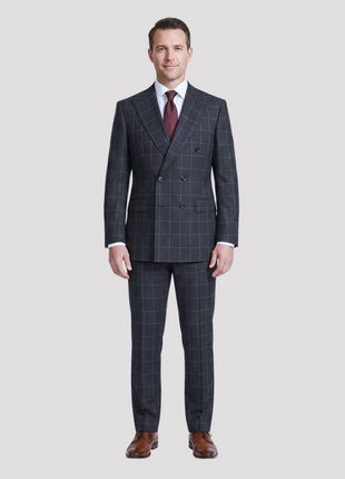 Mazara Mens Black With Gray Windowpane Classic Fit Double-Breasted Wool Suit