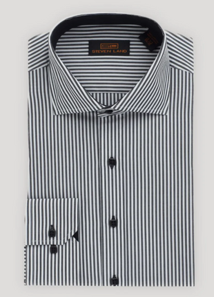 Steven Land Black Stripe Cutaway Collar Barrel Cuff Cotton Dress Shirt