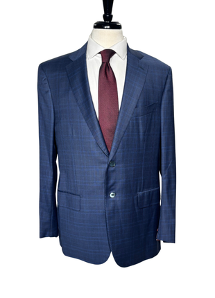 Isaia Mens Blue Windowpane Notch Lapel Classic Fit 2-Button Wool Suit - 44L