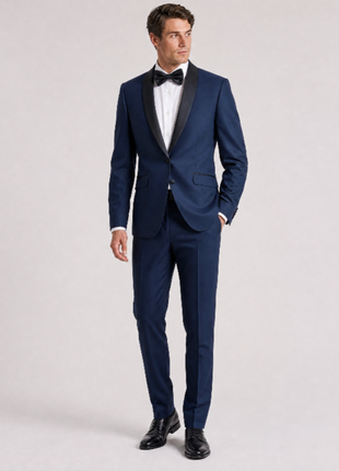 Profile Black Solid Navy Satin Shawl Lapel Slim Fit 2-Button Tuxedo - 48R