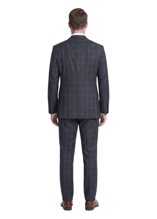 Mazara Mens Black With Gray Windowpane Classic Fit Double-Breasted Wool Suit
