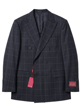 Mazara Mens Black With Gray Windowpane Classic Fit Double-Breasted Wool Suit