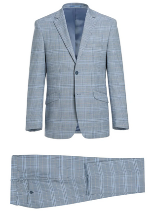 Raphael Light Blue Glen Plaid With Windowpane Slim Fit Stretch Notch Lapel Two Button Suit