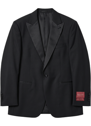 Mazara Mens Solid Black Peak Lapel Classic Fit Wool One-Button Formal Tuxedo Suit