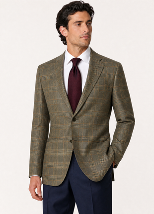 Porcaro Tan with Black Prince of Wales pattern Classic Fit Cashmere 2-Button Sport Coat 40R