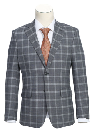 English Laundry Gray Windowpane Slim Fit Notch Lapel Wool Blend Stretch 2 Button Suit