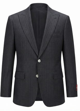 Mazara Mens Dark Gray with Navy Pinstripe Classic Fit Peak Lapel Wool 3-Piece Suit