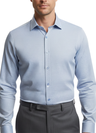 Proper Sport Blue Geometric Print Contemporary Fit Spread Collar Stretch Wrinkle Resistant Dress Shirt