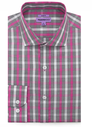 Ferrecci Gray Plaid Slim Fit Spread Collar Cotton Dress Shirt - The Suit Depot