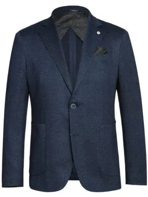 Pelago Navy Blue Windowpane Slim Fit Notch Lapel 2-Button Half Canvassed Stretch Blazer With Patch Pockets