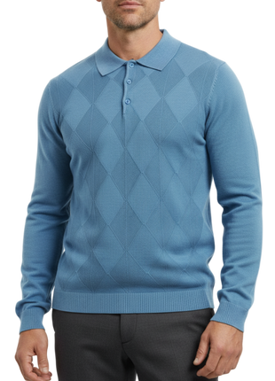 Lavane N.Y. Mens Sky Blue Diamond Knit Polo Sweater Shirt