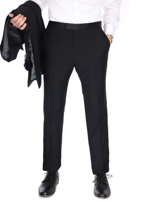 Men's Blujacket Black 100% Wool Classic Fit Tuxedo Dress Pants with Satin Ribbon