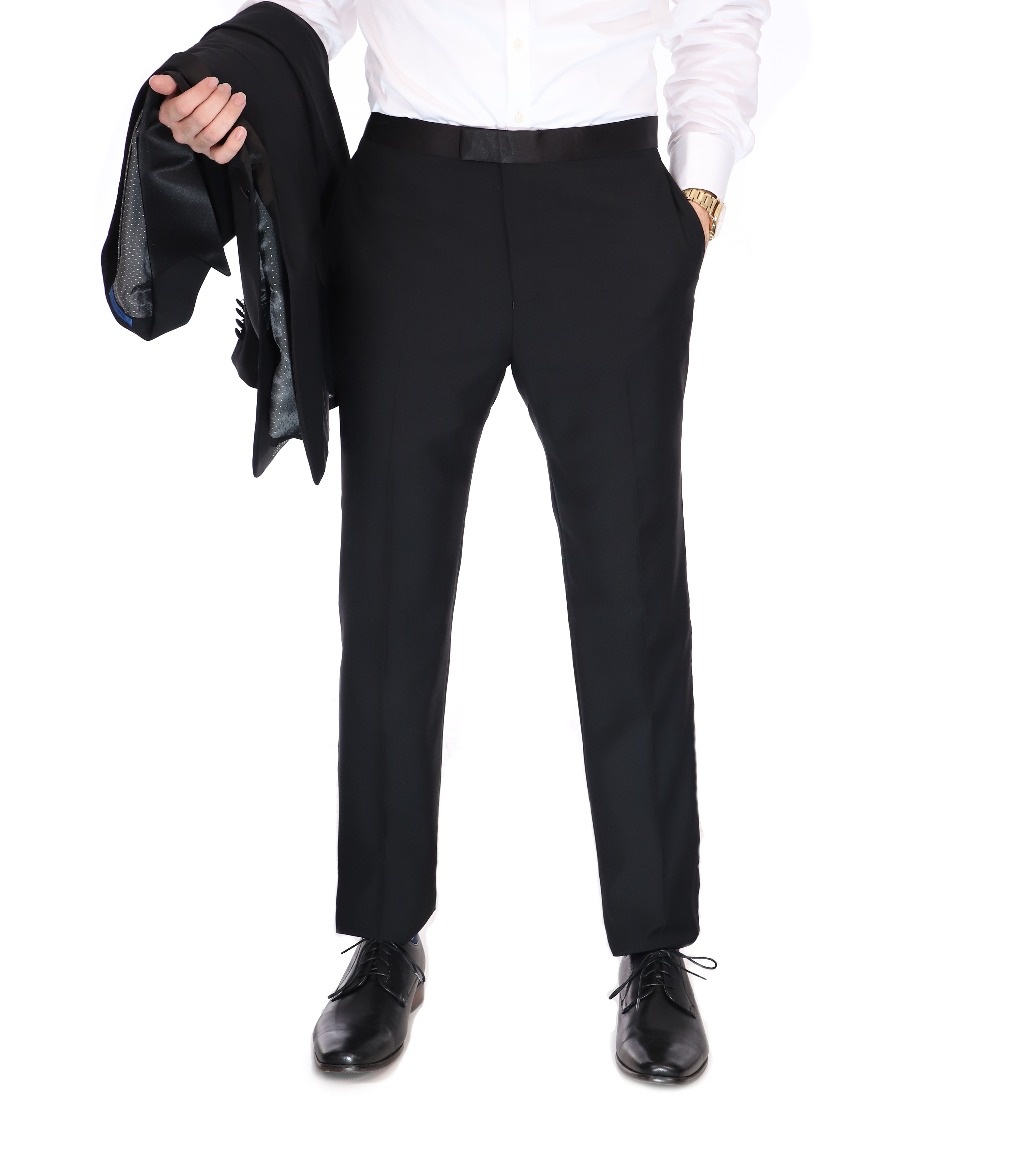 Men's Blujacket Black 100% Wool Classic Fit Tuxedo Dress Pants with Satin Ribbon, 30W REG Men's Blujacket Black 100% Wool Classic Fit Tuxedo Dress Pants with Satin Ribbon, 30W REG