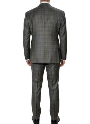 Beragamo Elegant Green With Blue Plaid Double Breasted Modern Fit Peak Lapel Wool 2 Button Suit