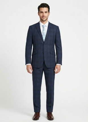 Raphael Mens Blue Plaid Slim Fit 2 Piece Stretch Suit