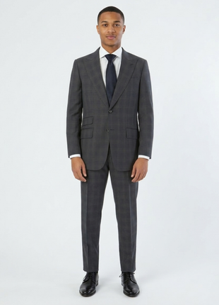 Sartoria Mazara Mens Gray With Blue Windowpane Slim Fit 100% Wool Suit With Peak Lapels
