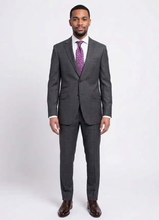 Men's Napoli Slim Fit Gray Windowpane Plaid Super 150s 100% Italian Wool Suit