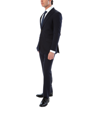 Sartoria Mazara Mens Slim Fit Navy Blue & Gray Pinstriped 100% Wool Suit With Peak Lapels