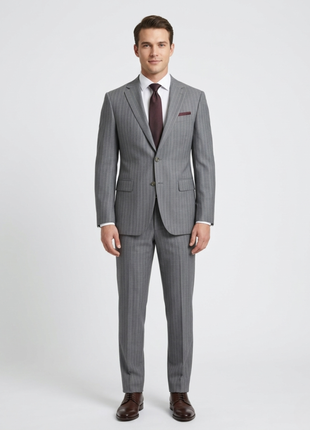Mens Gray Pinstriped Slim Fit 100% VBC Wool Prehemmed Suit