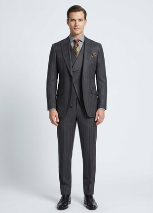 Apollo King Mens Classic Fit Charcoal Gray Striped 100% Wool 3 Piece Suit
