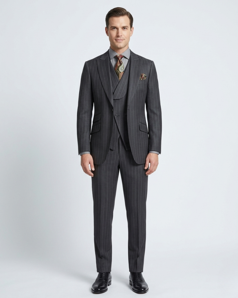 Apollo King Mens Classic Fit Charcoal Gray Striped 100% Wool 3