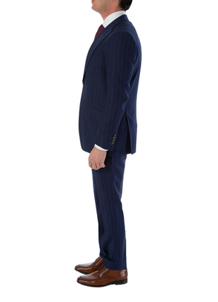 Sartoria Mazara Mens Slim Fit Blue Striped 100% Wool Suit With Peak Lapels