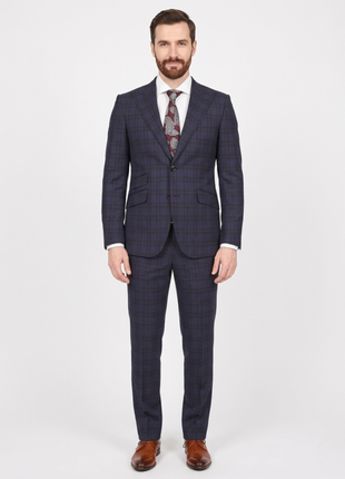 Carducci Mens Blue Windowpane Wool Blend Slim Fit Suit With Peak Lapels