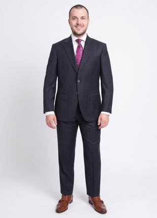 Mens Regular Fit Navy Blue Pinstripe Two Button Half Canvassed Wool Suit