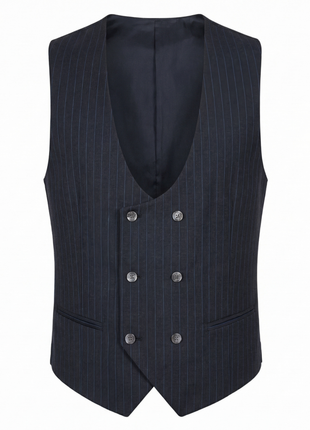 Mazara Mens Dark Gray with Navy Pinstripe Classic Fit Peak Lapel Wool 3-Piece Suit