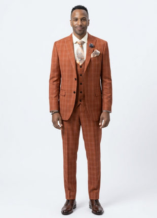 Kent & Park Mens Rust Orange Plaid Classic Fit 3 Piece Suit With Peak Lapels