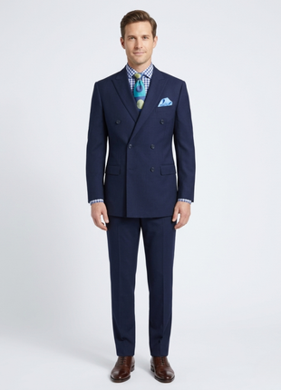 Apollo King Mens Classic Fit Navy Blue Double Breasted 100% Wool 3 Piece Suit