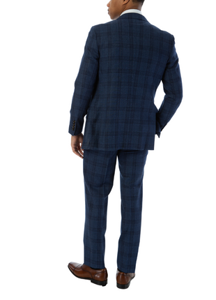 Sartoria Mazara Mens Slim Fit Navy Blue With Burgundy Check 100% Wool Suit With Peak Lapels